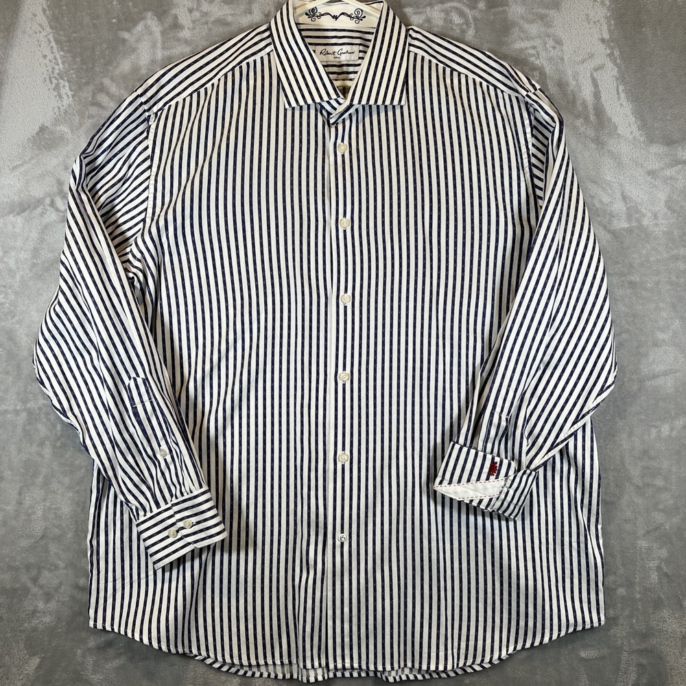 Robert Graham Button Down Shirt Mens 2XL Blue White Striped Jacquard Long Sleeve - Picture 2 of 12